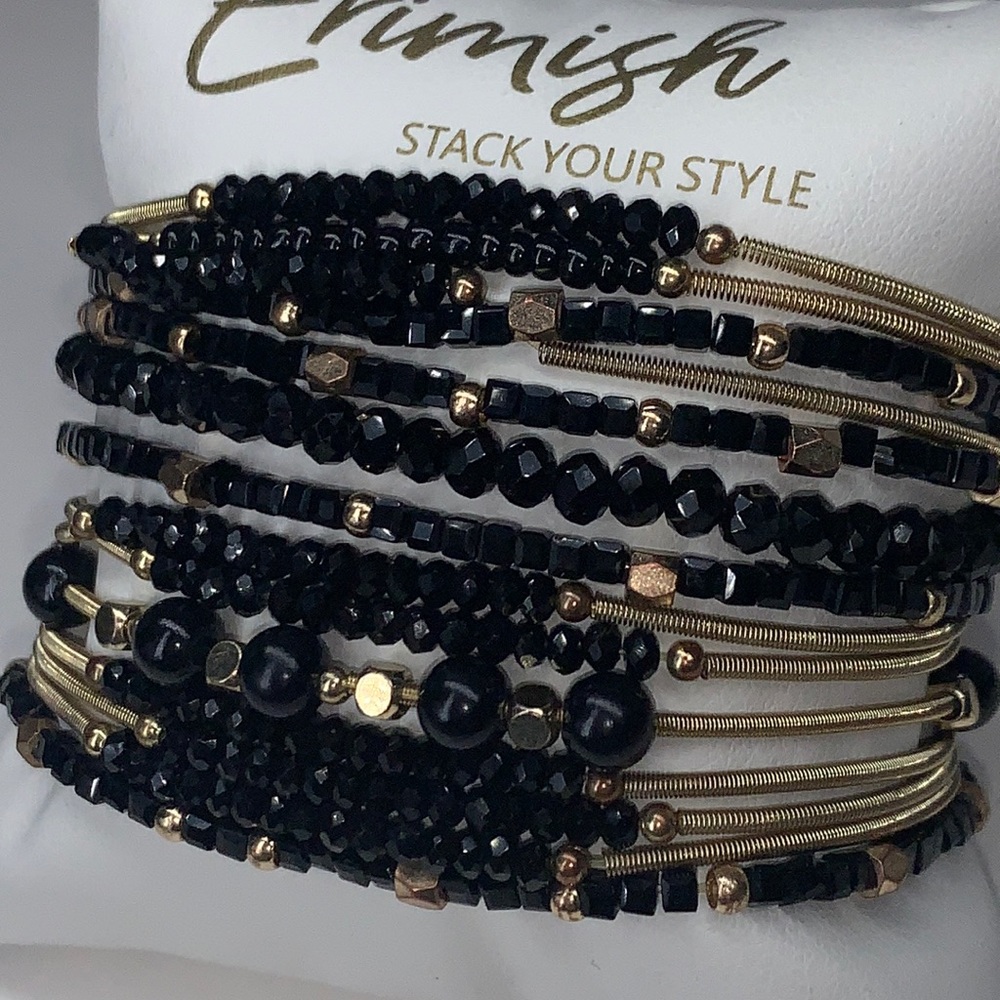 EUC Erimish Midnight Slinky Stack 14 stretch bracelets in gold back